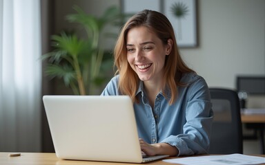 Naklejka premium Young happy business woman hr manager coach looking at laptop talking leading hybrid conference online remote video call, virtual work interview meeting or online training working in office, vertical.