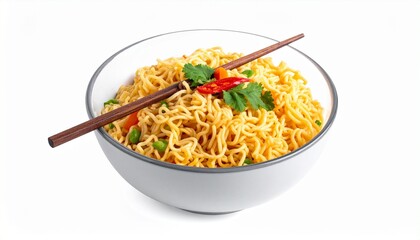 White bowl filled with cooked instant noodles topped with green garnishes, surrounded by scattered crumbs and loose strands