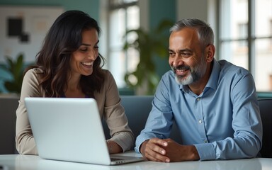 Smiling professional business woman manager consulting older Indian man client or colleague looking at laptop computer technology discussing ebusiness project planning strategy at office meeting.