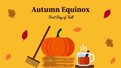 Autumn equinox celebration with pumpkin rake and warm drink