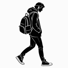 Silhouette of a young man wearing a hoodie and backpack walking with hands in pockets against a white background conveying a sense of contemplation or casual movement