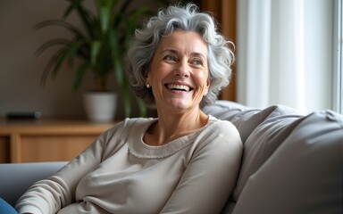 Happy relaxed 50 years old woman sitting on sofa at home looking away. Smiling middle aged lady posing in living room at home. Mature older female with curly gray hair relaxing on couch enjoying chill