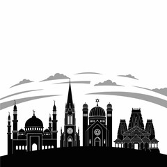 Fototapeta premium A striking black and white icon featuring the sharp silhouettes of various houses of worship—a mosque, church, synagogue, and temple—all standing together on a hill under the same sky