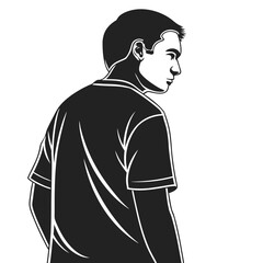 Stylized black and white illustration of a young man in a t shirt looking thoughtfully to the side against a plain white background