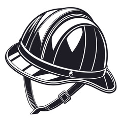Stylized black and white illustration of a vintage safari pith helmet with chin strap and buckle on a white background