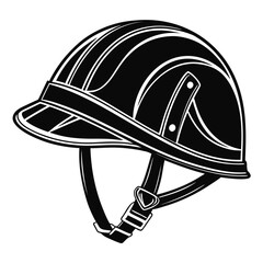 A black and white illustration of a classic rider s helmet with a chin strap and visor symbolizing equestrian safety and sport