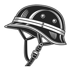 Vintage style black and white illustration of a classic military helmet with chin strap and buckle isolated on white background