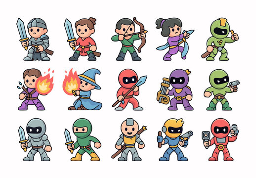 Adventure Game Sprite Vector Pack Flat Hero Characters for Gaming