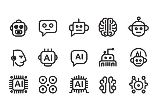 AI Technology Vector Icons Robot, Brain, Microchip, Neural Network