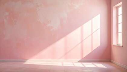 A sunlit, empty room with pale pink walls and a window, casting soft shadows on the floor.