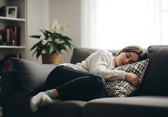 Peaceful Nap: Woman Sleeping Comfortably on a Couch with Pillow and Plant