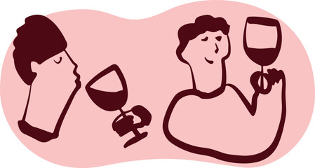 Wine. Winemaking Serving A glass and wine. People drink wine. Pleasure from life. Line art	