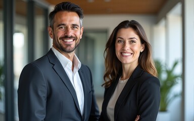 Smiling Latin middle aged business man and woman in office, portrait. Two happy confident professional mature corporate executive leaders company managers standing in office looking at camera.