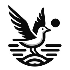 Illustration of a seagull with spread wings standing on a wavy surface under a circle in black and white