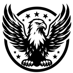 Stylized bald eagle with spread wings and stars inside a circle in black and white vector design
