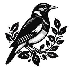 Illustration of a black and white bird perched on a leafy branch with a detailed design style present