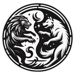 Black and white yin yang symbol featuring a lion and a wolf with celestial elements in a circular design