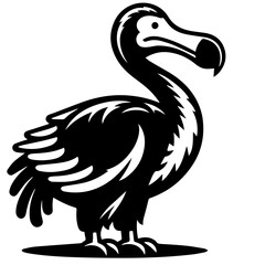 Illustration of a dodo bird in black and white with a distinctive beak and stylized feather details