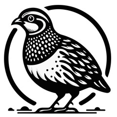 Monochrome illustration of a quail with spotted head and wings inside a circle on a white background