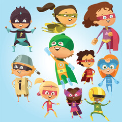 Cartoon Style Cheerful Superhero Children Characters Group Illustration
