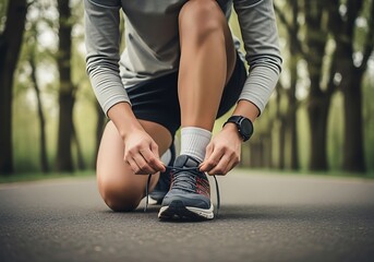 Runner Tying Shoelaces on Asphalt Path Surrounded by Trees, Preparing for Outdoor Exercise