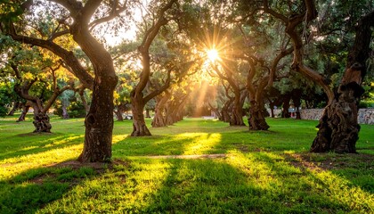 Obraz premium Sun bursts through arched trees, illuminating a green lawn with dappled light, creating a tranquil, golden landscape