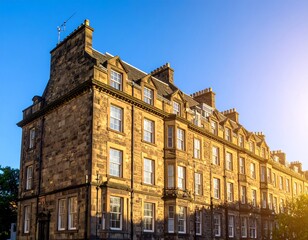 Historic stone building at sunrise