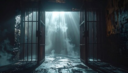Open prison cell door with bright light streaming in symbolizing hope and freedom. © Xera