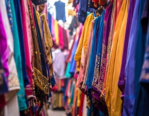 Colorful fabrics hang in a market alley
