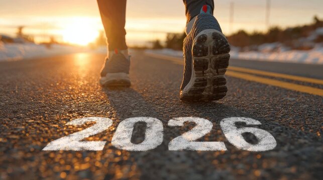 running legs on an asphalt road, numbers 2026 painted on the road surface
