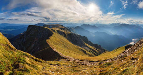 Sunset in Eisenerzer Alpen with Reichensteinhutte. Alp mountain Panorama in Styria, Austria