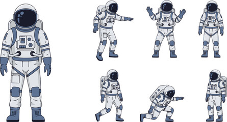 Collection of astronaut character designs in various action poses. Vector illustration set of a spaceman in a spacesuit for cosmic themes