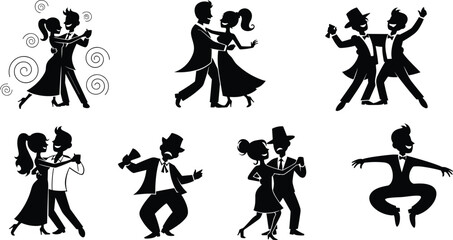 Couples dancing silhouette, ballroom and tango poses, elegant dancers illustration, romantic dance clipart, party celebration, swing dance artwork