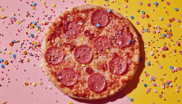 Pizza topped with colorful sprinkles, on a pink and yellow background