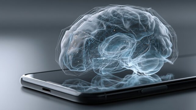 Innovative concept of a cell with a glowing brain inside a mobile screen representing artificial intelligence technology