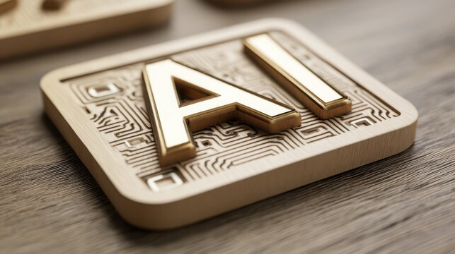 Gold letter on circuit board with ai icon emerging from qr code symbolizing technology and digital innovation