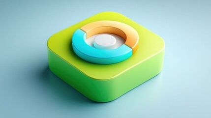 Green square surrounded by blue and yellow representing app icon rotating above user avatar in digital space