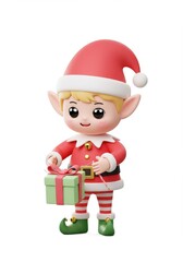 3D render of an elf holding a wrapped gift, wearing red and green holiday attire, isolated on a white background