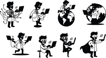 Doctor with laptop silhouette vector, telemedicine cartoon illustration, pure black design showing medical technology, digital healthcare, innovation and superhero concept