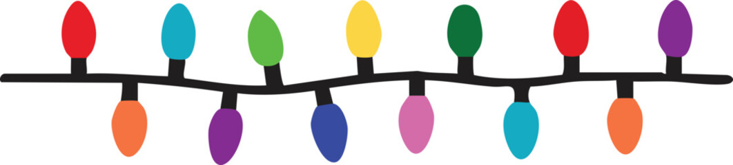 Colorful Christmas lights garland vector illustration. Festive holiday decoration with multicolored bulbs on a string, isolated on transparent background.