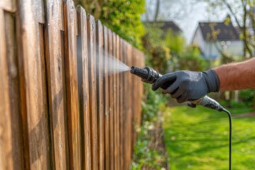 Gloved hand uses a pressure washer to clean a weathered brown wooden fence outdoors on a sunny day