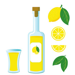 Limoncello shot and lemon liqueur in bottle set of vector illustrations for bar and menu. Traditional italian aperitif and lemons copypart on isolated background.