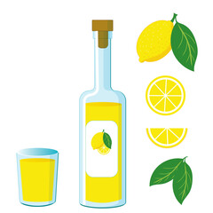 Limoncello shot and lemon liqueur in bottle set of vector illustrations for bar and menu. Traditional italian aperitif and lemons copypart on isolated background.