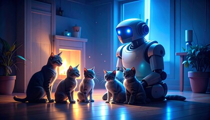 A friendly robot sits with several cats near a fireplace in a cozy home
