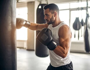 Man punches boxing bag in gym