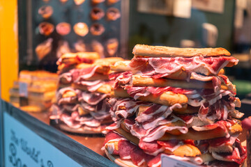 Prosciutto pork meat in the local store.