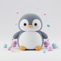 Fototapeta premium A cute, cartoonish penguin with big eyes stands centered against a plain white background. Pastel-colored ornaments and confetti surround it