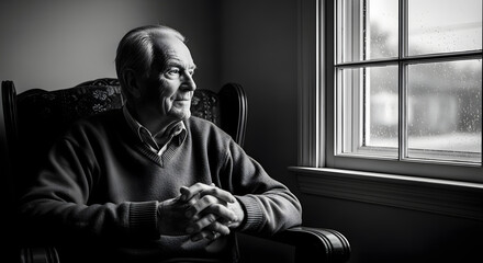 Contemplative senior man in quiet reflection, gazing thoughtfully out a window in a dramatic black and white portrait