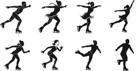 Figure skating silhouettes of men and women performing jumps, spins, and glides on ice rink, winter sports, athletic movement