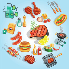 Colorful Flat Illustration of Barbecue Food Assortment for Summer Party